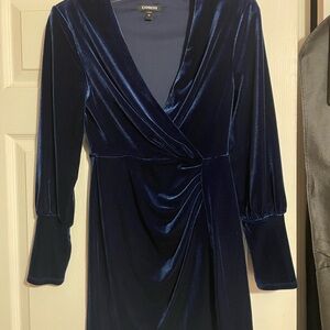 Express Women's Deep Blue Velvet Long Sleeve Dress